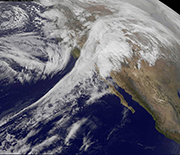 Satellite image of moisture flow called the Pineapple Express as it enters California from the Pacific Ocean.